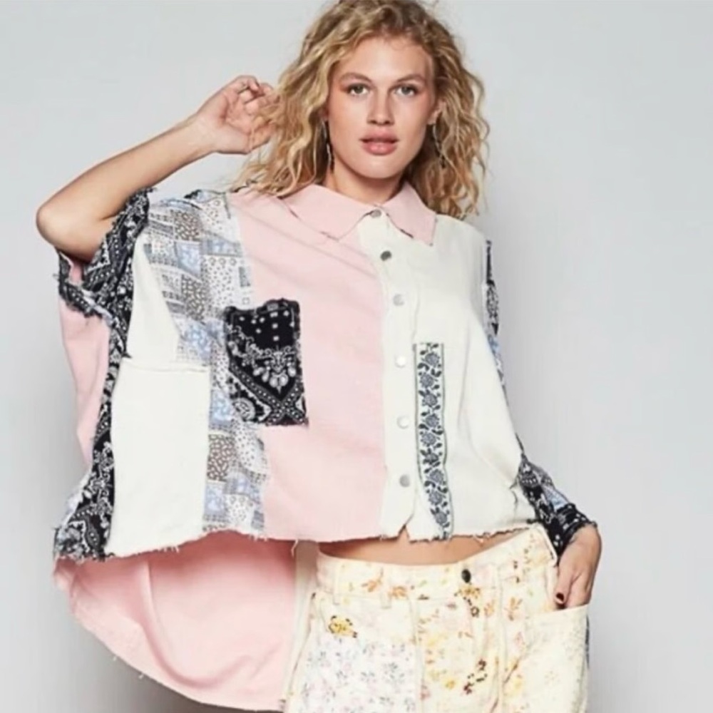 POL Pink and Cream Textured Shirt; Size L